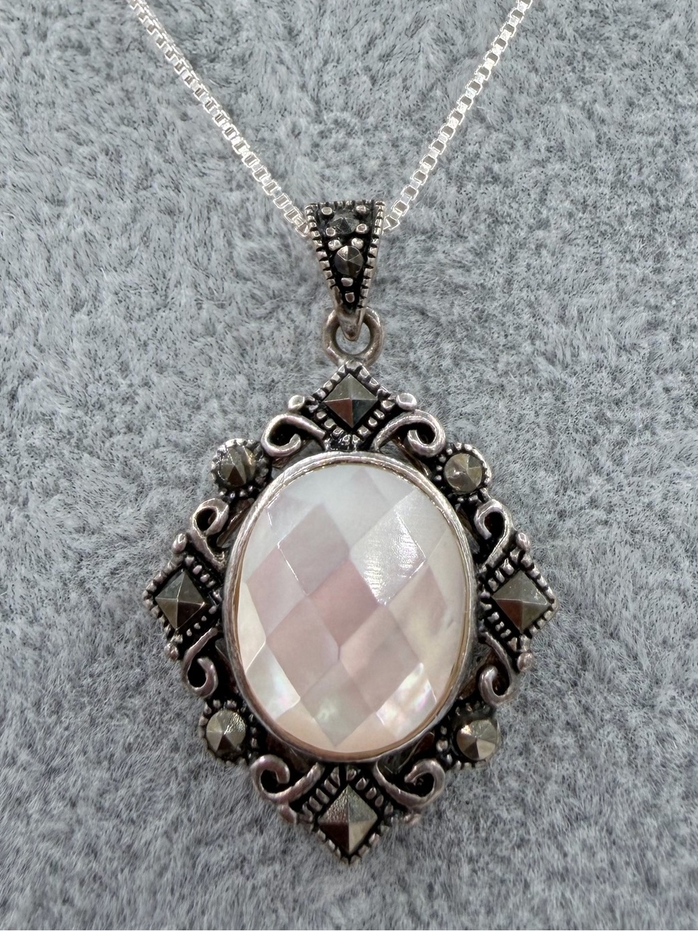 Vintage JC Italy Mother of Pearl Sterling Silver Marcasite Art Deco Necklace